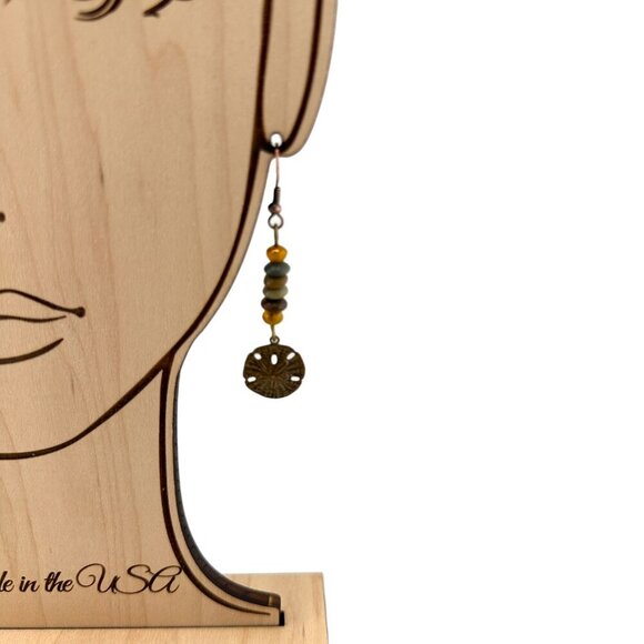 Rustic Natural Brass Sand Dollar Earrings Jasper Beaded Czech Glass Copper Hooks - Picture 8 of 10